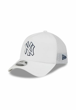 White baseball cap with black New York Yankees logo on front and mesh back panel, displayed against white background.