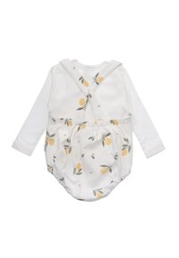 White long-sleeve romper with a gathered waist; features lemon and leaf print on the bodice and adjustable cross-back straps.