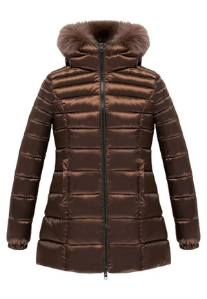 Cappotto invernale trapuntato marrone con cerniera frontale, tasche laterali, polsini elastici e cappuccio bordato in pelliccia, progettato per il freddo.