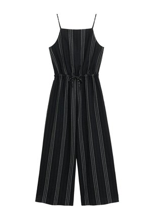 Combinaison noire sans manches avec motif à fines rayures blanches verticales, bretelles spaghetti réglables et taille à cordon de serrage.