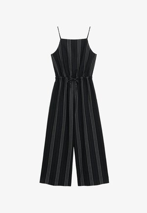 Combinaison noire sans manches avec motif à fines rayures blanches verticales, bretelles spaghetti réglables et taille à cordon de serrage.
