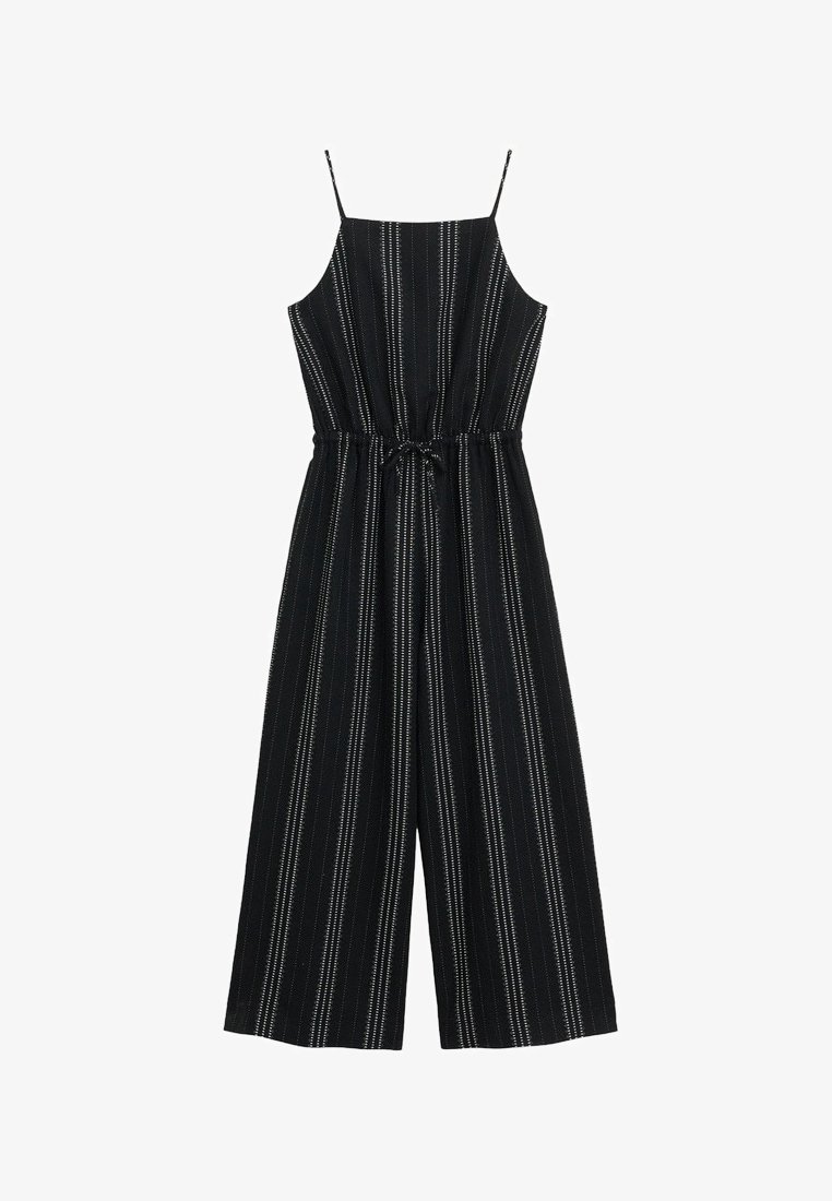 Combinaison noire sans manches avec motif à fines rayures blanches verticales, bretelles spaghetti réglables et taille à cordon de serrage.