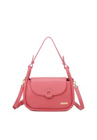 Borsa a tracolla in faux leather rosa con pattina rotonda, accentuazione circolare, tracolla regolabile e dettagli in metallo color oro. Forma compatta e rettangolare.