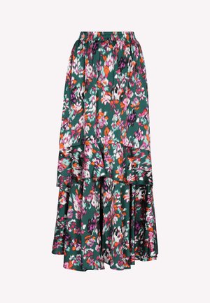 Gonna floreale verde con design a strati e volant, caratterizzata da fiori rosa, bianchi e arancioni. Vita elastica per comfort e vestibilità.