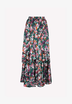 Zaļš ziedu svārku modelis ar pakāpenisku kroku dizainu, kas rotāts ar rozā, baltām un oranžām ziediem. Elastīga josta komfortam un pielāgošanai.