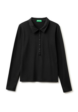 Schwarzes Langarm-Poloshirt mit Kragen und sechsknöpfiger Knopfleiste, aus glattem Stoff, mit dem Etikett United Colors of Benetton.