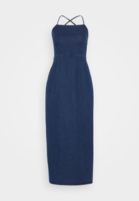 Robe maxi en denim bleu foncé, avec de fines bretelles croisées, un buste ajusté et un ourlet droit. Fabriquée en tissu denim texturé.