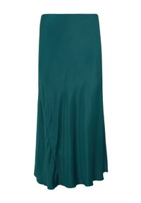 Turkusowa, satynowa długa spódnica o zwiewnym kroju. Charakteryzuje się fasonem typu wrap oraz gładką teksturą, z lekko rozszerzanym dołem.
