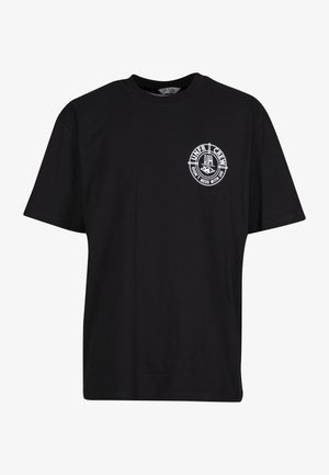 Čierne tričko s krátkym rukávom s bielym kruhovým logom na ľavej strane hrudníka s nápisom "UNFR CREW DON'T MESS WITH US."