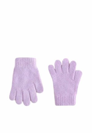 Par de guantes tejidos suaves de color púrpura claro con puños de canalé, mostrados planos con las palmas hacia arriba y los dedos ligeramente separados.