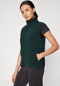 Chaleco sin mangas de forro polar en verde oscuro, con cuello alto, cierre frontal con cremallera y bolsillos laterales. Textura suave, diseño casual, adecuado para superponer.