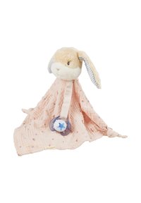 Stuffed rabbit with floppy ears, soft beige fur, attached to a pink muslin blanket featuring small floral patterns and a blue silicone pacifier.