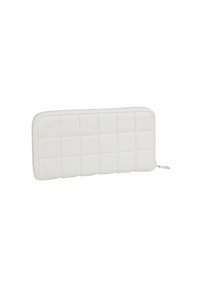 Portafoglio in pelle bianca con design trapuntato, forma rettangolare, chiusura con zip e sottili dettagli di cucitura sulla superficie.