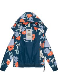 Jakke med blomstermønster med en marineblå baggrund og accenter i orange og lyseblå. Lavet af letvægtsmateriale, inkluderer en hætte.