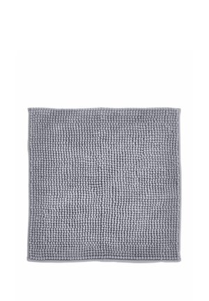 Soft gray rectangular bath mat with dense looped texture and stitched edges on white background.