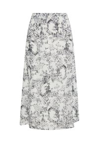 Witte midi rok met zwart bloemenpatroon, met een flowy ontwerp en een iets doorzichtig textuur. Elastische tailleband voor comfort.