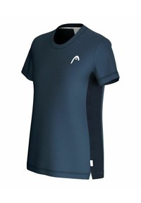 Camiseta atlética de color marino con cuello redondo, mangas cortas, paneles laterales de malla y un pequeño logo blanco en la parte delantera. Textura suave, diseño ajustado.