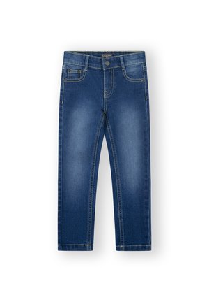 Vaqueros infantiles azul oscuro con botón frontal, dos bolsillos delanteros y costuras visibles sobre fondo blanco.