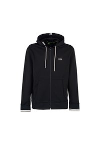 Schwarze Zip-Hoodie aus weichem Material. Verfügt über eine Kapuze mit Kordelzug, zwei Fronttaschen und gestreifte Akzente an den Bündchen. Logo auf der Brust.