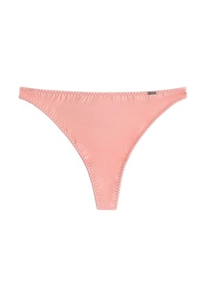 Pink satin thong with a smooth texture and a stitched finish. Features minimal coverage with a classic cut and a small logo tag.