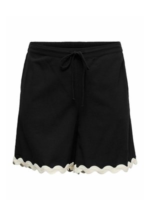Black shorts with elastic waistband and drawstring, featuring white wavy trim along the hem.