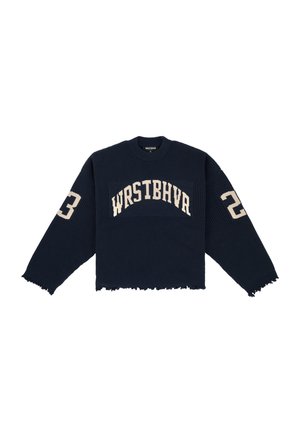 Navy ribbed knit sweater with cropped design, frayed hem, and bold cream lettering "WRSTBHVR" and the numbers "2" and "3" on sleeves.