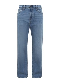 Blue denim jeans with a straight-leg design, featuring a button and zipper closure, five pockets, and subtle fade detailing.
