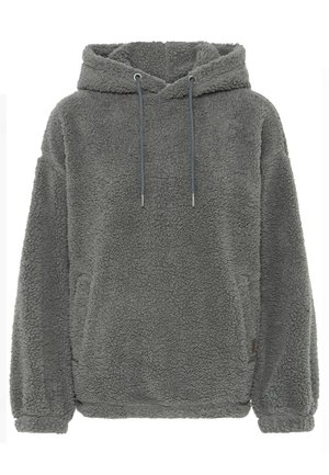Grå fleecehuva med en texturerad yta, dragsko vid halsen och en avslappnad passform. Har sidofickor och ribbad mudd.