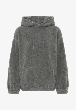 Grå fleecehuva med en texturerad yta, dragsko vid halsen och en avslappnad passform. Har sidofickor och ribbad mudd.