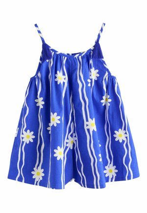 Niebieska sukienka bez rękawów z nadrukiem białych i żółtych stokrotek oraz pionowymi, białymi falistymi paskami, z cienkimi ramiączkami ozdobionymi niebieskimi frędzlami.