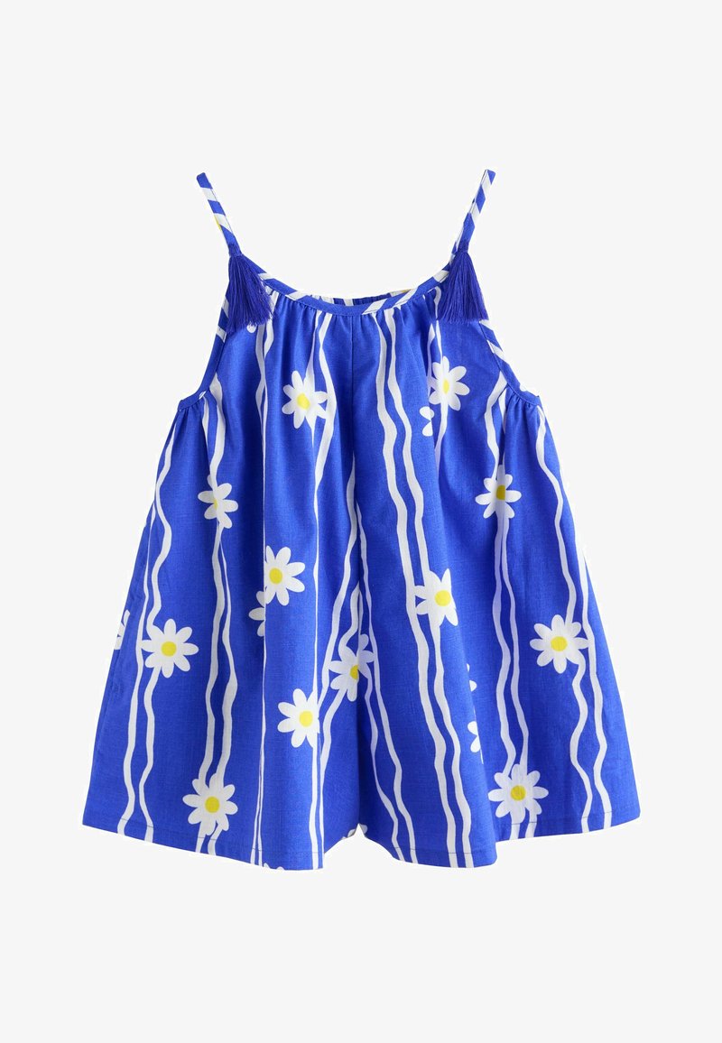 Robe sans manches bleue avec imprimé de marguerites blanches et jaunes et rayures ondulées blanches verticales, dotée de fines bretelles avec des pompons bleus.