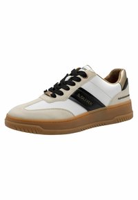 White and beige sneaker with black stripes, textured suede and leather materials, black laces, and a durable rubber sole.