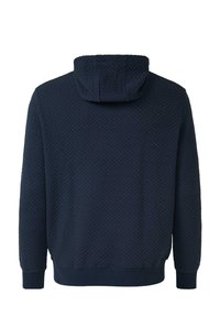 Felpa con cappuccio blu navy in tessuto strutturato e decorato. Dotata di polsini e orlo a costine, offre una vestibilità comoda e un design informale.