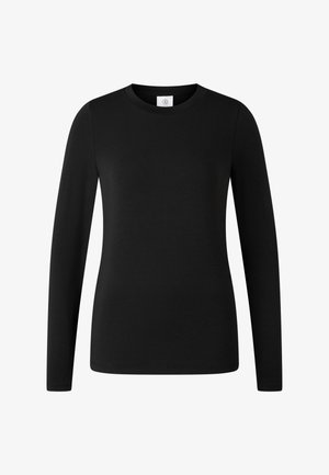 Schwarzes Langarmshirt aus weichem Stoff, mit rundem Ausschnitt und figurbetontem Schnitt, ohne sichtbare Muster oder metallische Details.