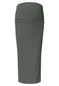 Ribbed, knee-length skirt in a dark olive green color. Features gathering details on the side for added texture. Smooth fabric.