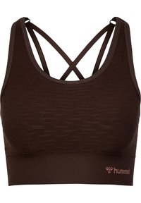 Bruine sport-bra gemaakt van gestructureerde stof. Kenmerkt zich door een brede band en kruislings gesneden straps op de achterkant; inclusief een klein logo-detail.