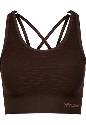 Brauner Sport-Bralette aus strukturiertem Stoff. Mit breitem Bund und Kreuzträgern auf der Rückseite; enthält ein kleines Logodetail.