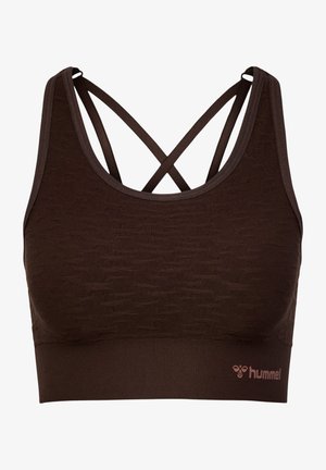 Brauner Sport-Bralette aus strukturiertem Stoff. Mit breitem Bund und Kreuzträgern auf der Rückseite; enthält ein kleines Logodetail.
