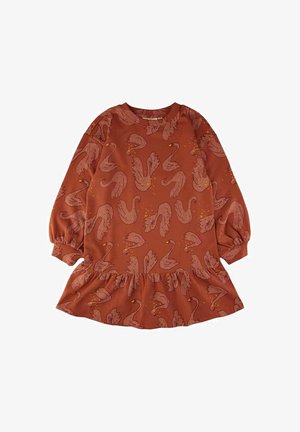 Rjavobranasta obleka z dolgimi rokavi, ki vsebuje vzorec laboda. Ozužena spodnja obroba, mehak material in okrogel izrez z rahlo teksturo.