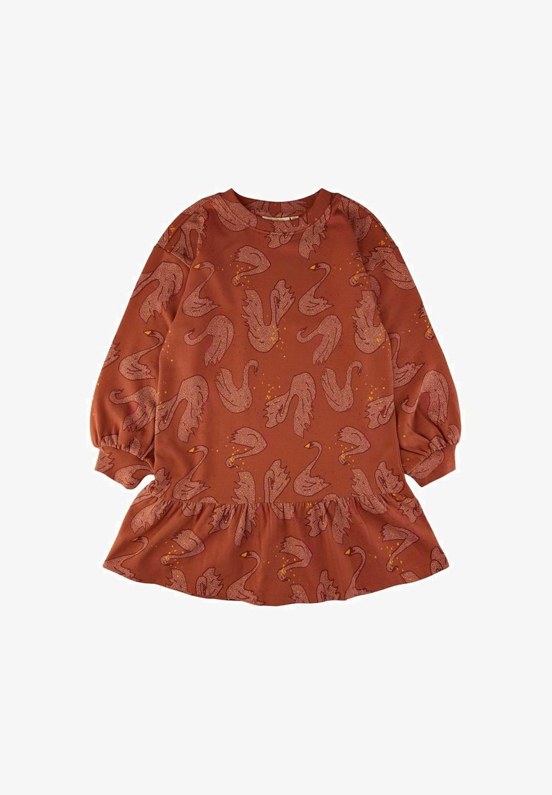 Rjavobranasta obleka z dolgimi rokavi, ki vsebuje vzorec laboda. Ozužena spodnja obroba, mehak material in okrogel izrez z rahlo teksturo.