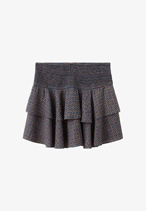 Fustă mini de culoare albastru închis cu talie elastica și volane stratificate, având un mic model floral portocaliu și albastru.
