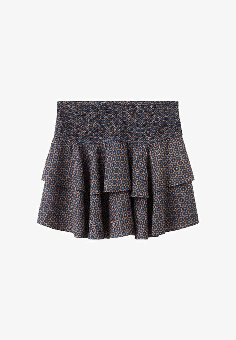 Temno modra mini krila z nabranim pasom in slojevitimi volančki, ki imajo majhen oranžno-modri cvetlični vzorec.