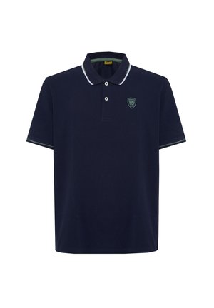 Navyblauw poloshirt met korte mouwen, twee witte knopen, wit afgewerkte kraag en klein groen logo op de linkerborst.