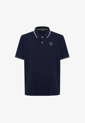 Navyblauw poloshirt met korte mouwen, twee witte knopen, wit afgewerkte kraag en klein groen logo op de linkerborst.