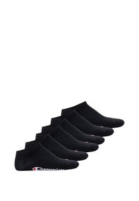 Black ankle socks with ribbed cuffs, made of soft material, featuring a white "Champion" logo on the side. Set of five pairs.