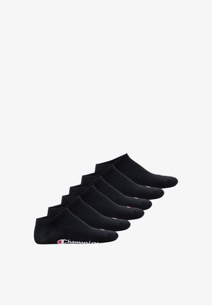 Black ankle socks with ribbed cuffs, made of soft material, featuring a white "Champion" logo on the side. Set of five pairs.