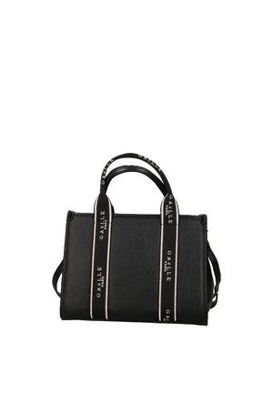 Bolso negro estructurado con asas cortas, una correa para el hombro y correas con bordes color crema y el texto «GABIE PARIS», sobre fondo blanco.