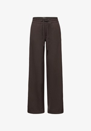 Brown wide-leg pants with a drawstring waist, featuring subtle vertical pinstripes and a soft texture. Suitable for casual wear.