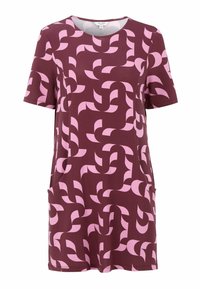 Kurzärmliges, burgunderfarbenes Kleid mit einem pinken abstrakten Muster. Verfügt über einen runden Ausschnitt und Seitentaschen für zusätzlichen Komfort.