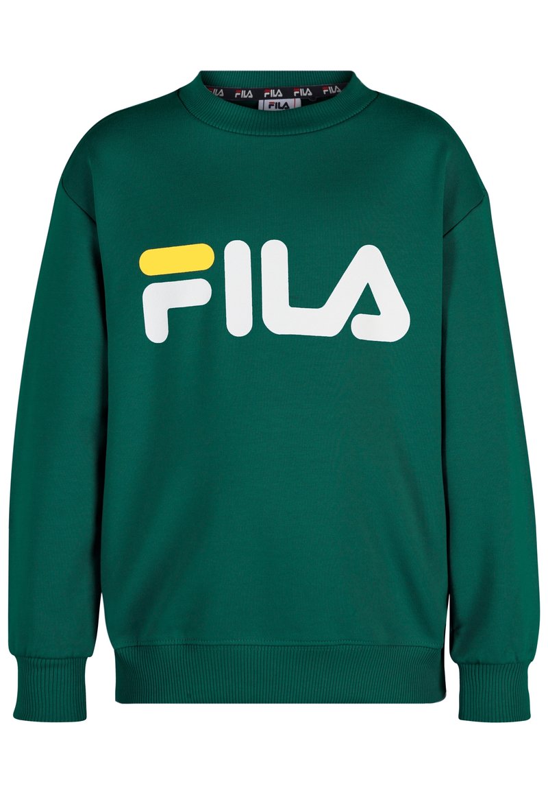 Zielona bluza wykonana z mieszanki bawełny, z dużym białym logo 'FILA' z żółtym akcentem. Ze ściągaczami na mankietach i klasycznym okrągłym dekoltem.